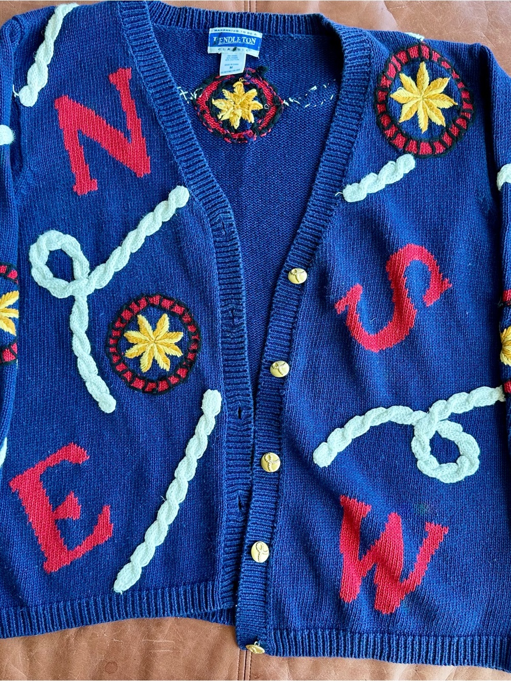 Pendleton Cardigan Sweater Women’s Medium Vintage Blue Nautical N S E W (SU119)